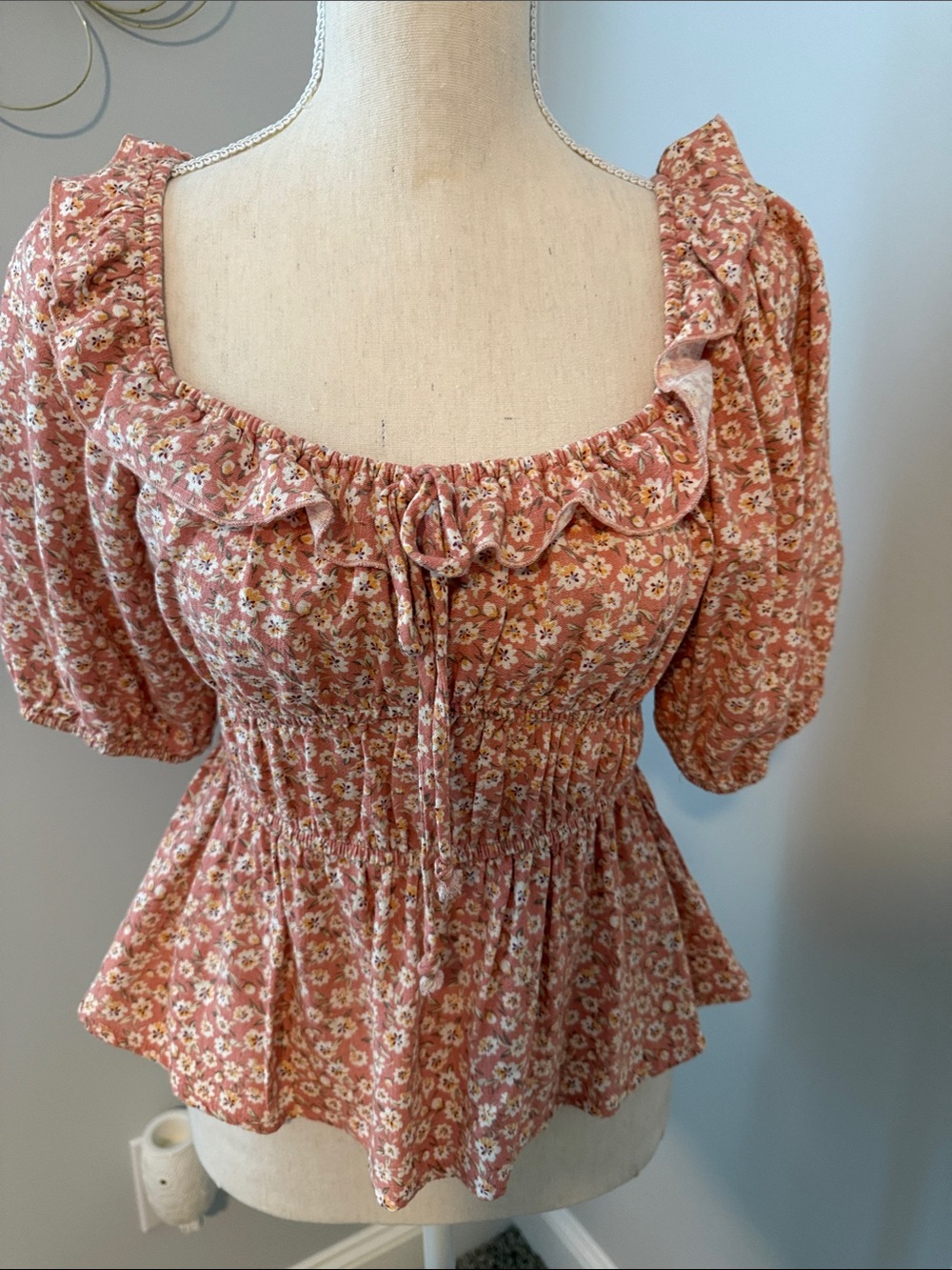 Smocked Rust Floral Ruffle Peplum Blouse